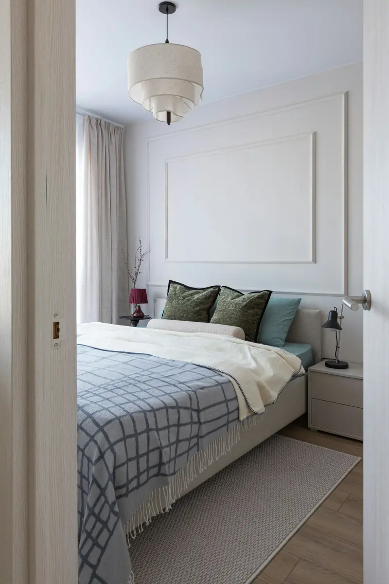 Full-length curtains beside the bed in a bright, modern bedroom