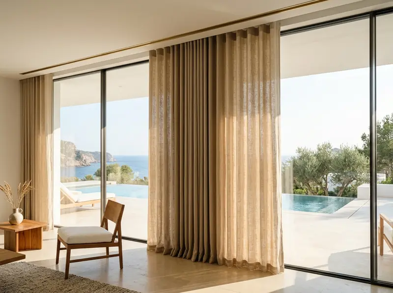 Sand linen curtains at a sliding door opening onto a pool terrace