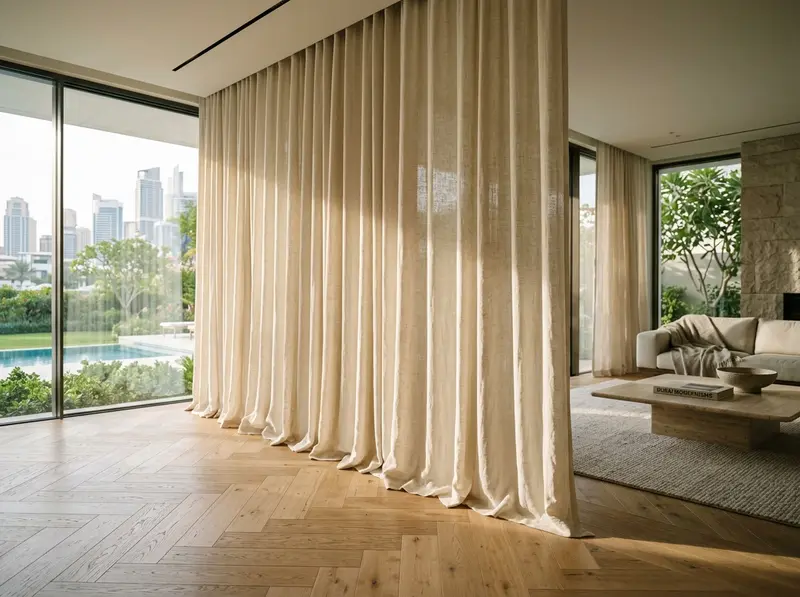 Afternoon sun filtering through linen sheers onto a timber floor