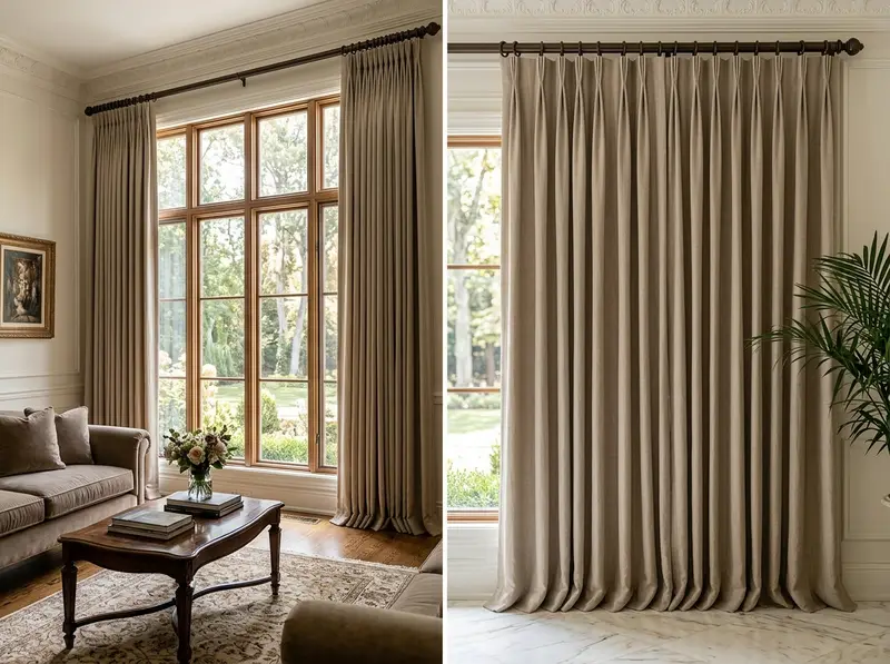 Pinch pleat curtains framing the windows of a bright garden room