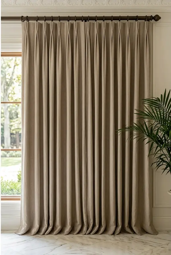 Close-up of a pinch-pleated linen curtain hanging from a black rod