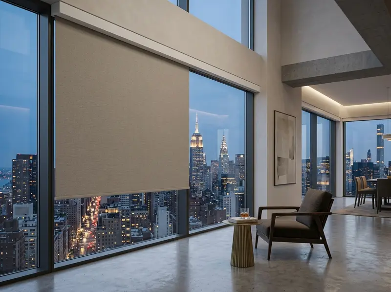 A roller blind half drawn over a city-view window