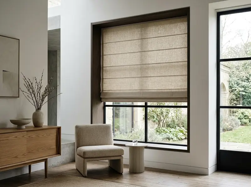 A linen roman blind gathered in soft folds above a living room window