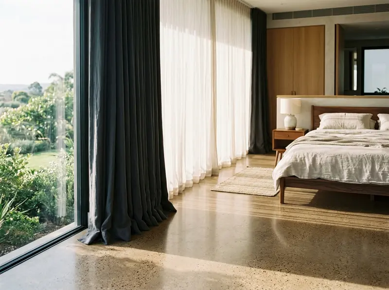Slate blackout curtains and ivory sheer curtains in a bedroom with garden views