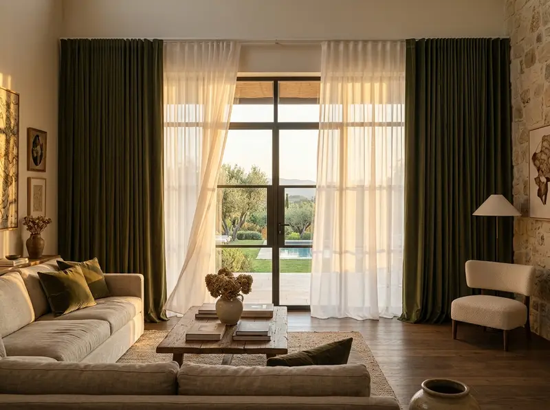 Layered sheer and blackout curtains on a double track