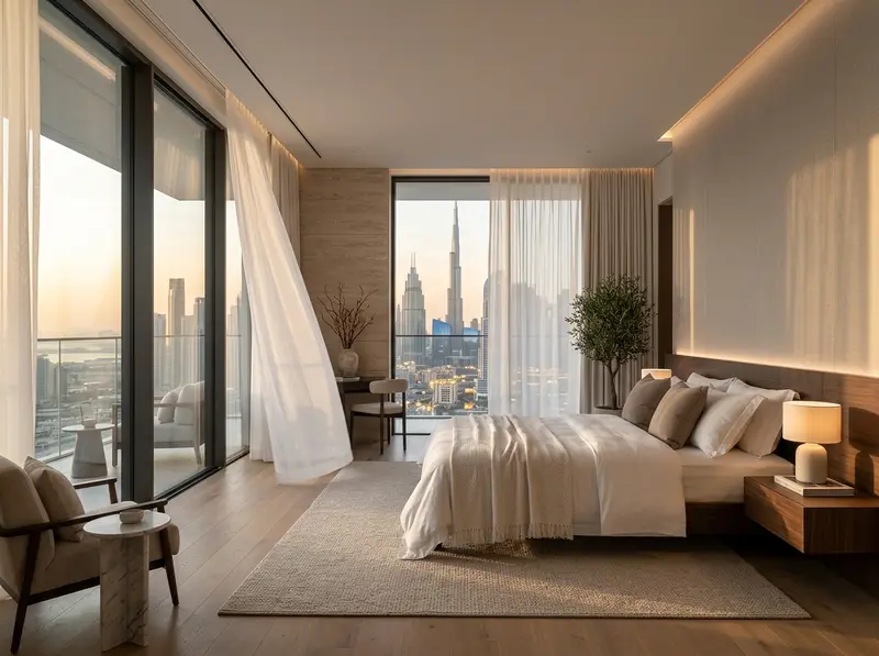Sheer curtains in a high-rise bedroom with a skyline view