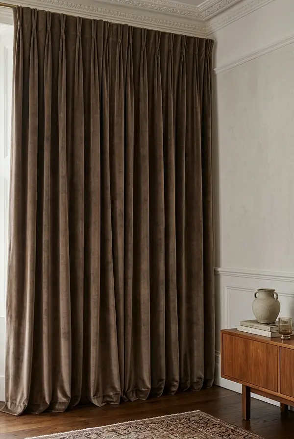 A full-length mocha velvet curtain