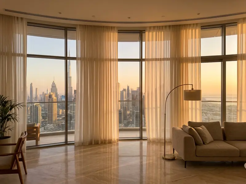 Wave sheer curtains glowing at sunset across a curved glass wall in a high-rise lounge